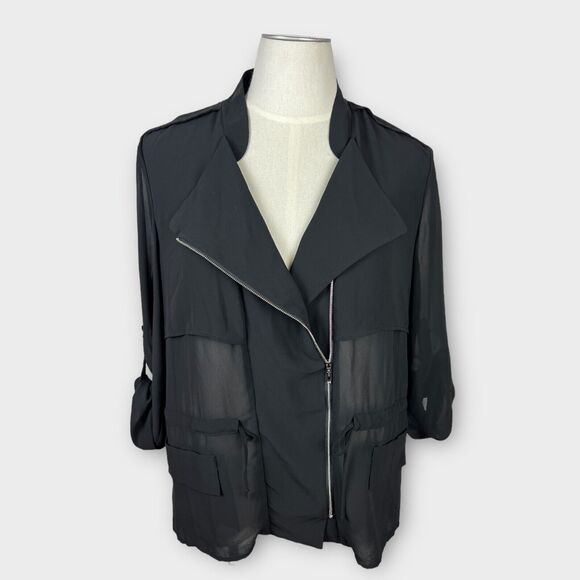 Christopher Banks Black Semi-Sheer Roll Tab sleeve drape front moto jacket XL - Picture 1 of 9